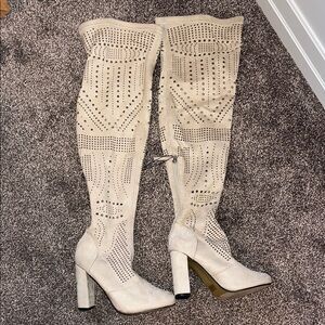 The 21 brand new laser cut out tan suede over the knee boots size 7/8